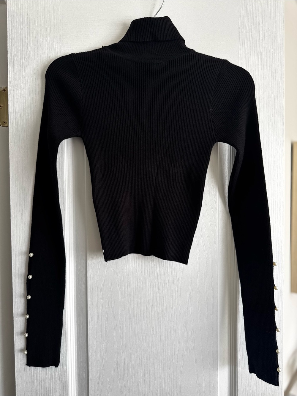 Love Tree Black Ribbed Turtleneck Sweater with Pearl Sleeve Buttons
